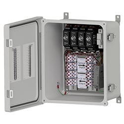 A fiberglass SCE110 signal conditioner enclosure with two stainless steel snap latch closures, shown with the front door open revealing four signal conditioners mounted inside the enclosure.